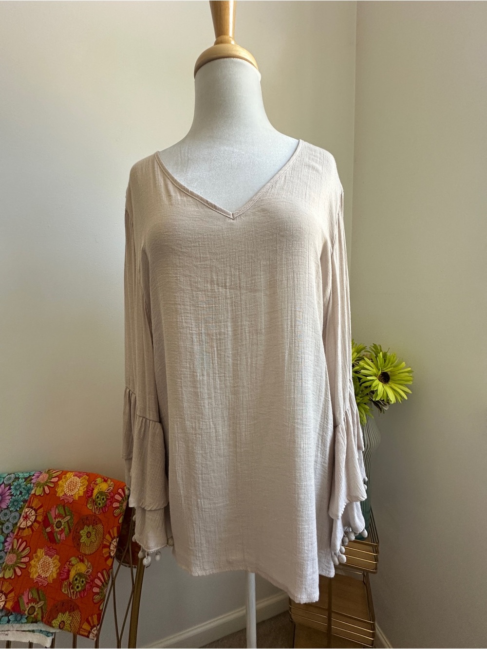 SPENSE - Women’s V-Neck Ruffle Sleeve w/pom-poms Tunic Top - Beige